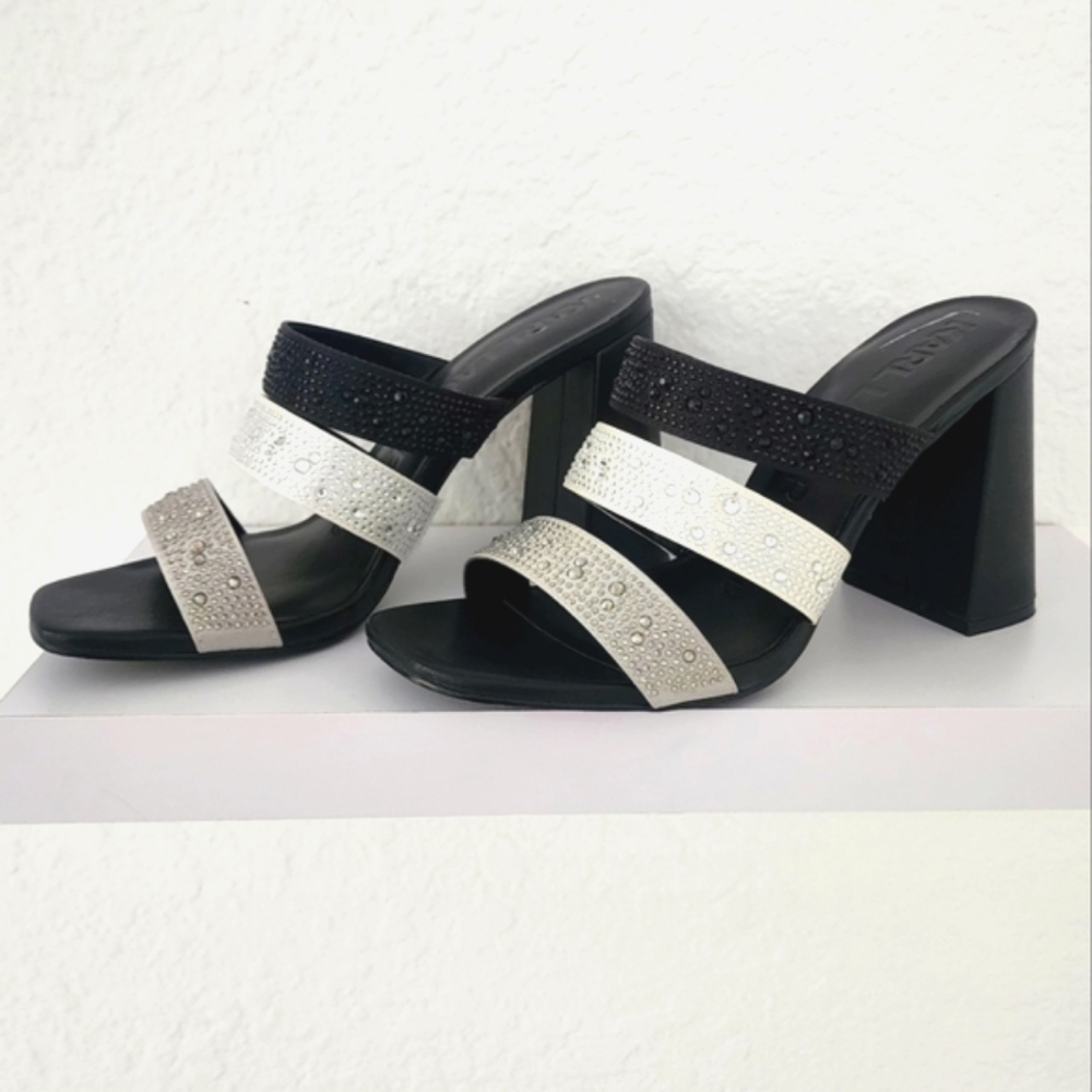 Karl Lagerfeld Rickie, Women's NIB Black/Silver Block Heel Sandals. Size 9M